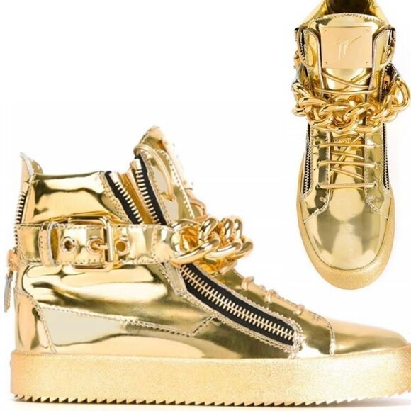 Giuseppe Zanotti London Mirrored Leather Chain High  'Vegas Gold' hi-top sneaker - Picture 1 of 16
